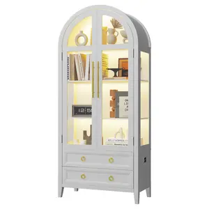 Lvifur 71 Inch Arched Display Cabinet with Glass Doors, 4-Tier Display Shelves and 2 Drawers, Tall Bookcase with 3 Color Lights, Arched Kitchen Pantry, Curio Cabinet