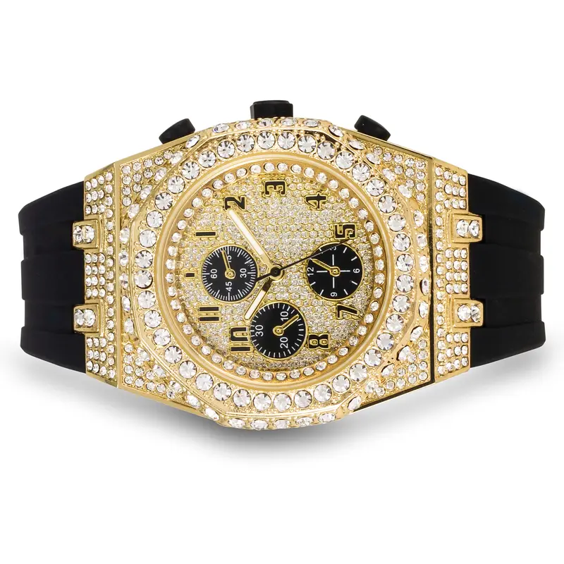 43mm Octagon Bezel Watch with Silicone Band – Quartz Movement, Stone Detail – Alloy with Coated Finish
