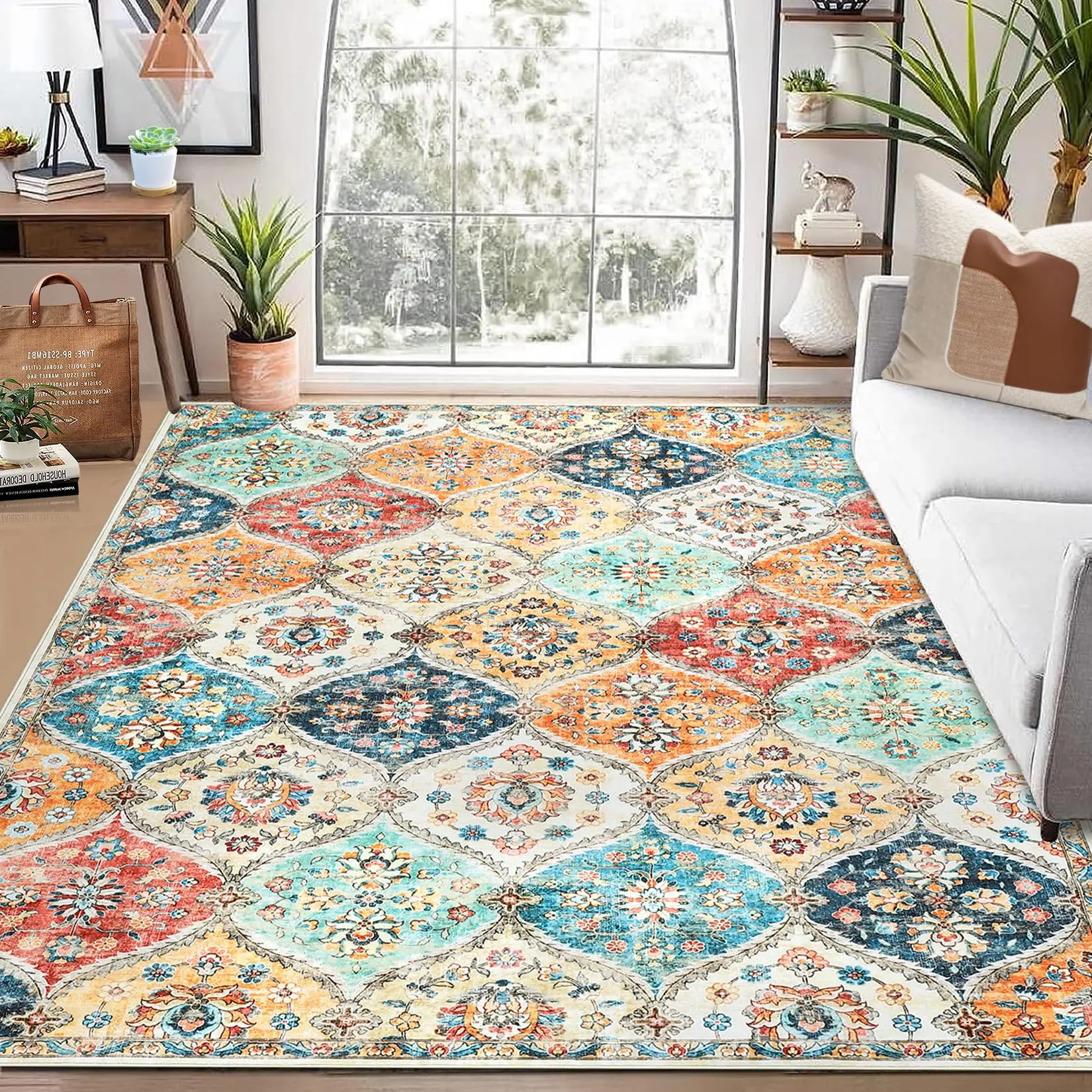 8x10 ft Large Area Rugs for Living Room, Premium Plush Washable Carpet, Non-Slip TPR Backing, Extra Soft Classic Anahi Pattern Faux Wool Rug(Orange)