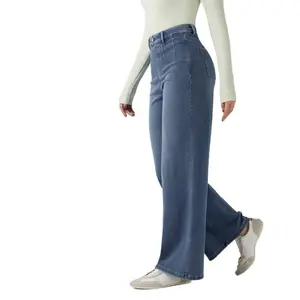 Women's Mid-Waist Tummy Control Stretch Denim Jeans - Baggy Wide Leg Style with Pockets, Casual Cotton-Polyester Fabric, Elastic Stretch Fit Streetwear Bottoms Womenswear