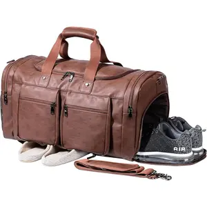 Leather Travel Bag with Shoe Pouch,Weekender Overnight Bag  Leather Large Carry On Bag Travel Tote Duffel Bag for Men or Women-Brown