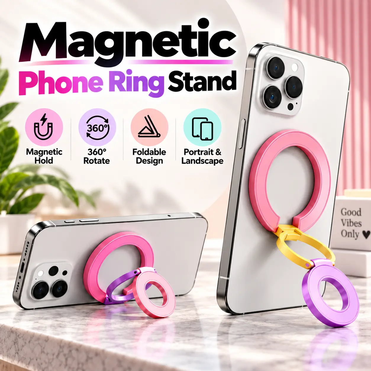 Magnetic Phone Ring Holder, 360° Rotating Double-Sided Magnetic Phone Stand, Foldable Zinc Alloy Finger Grip, Slim Phone Kickstand for iPhone & Android Compact Folding