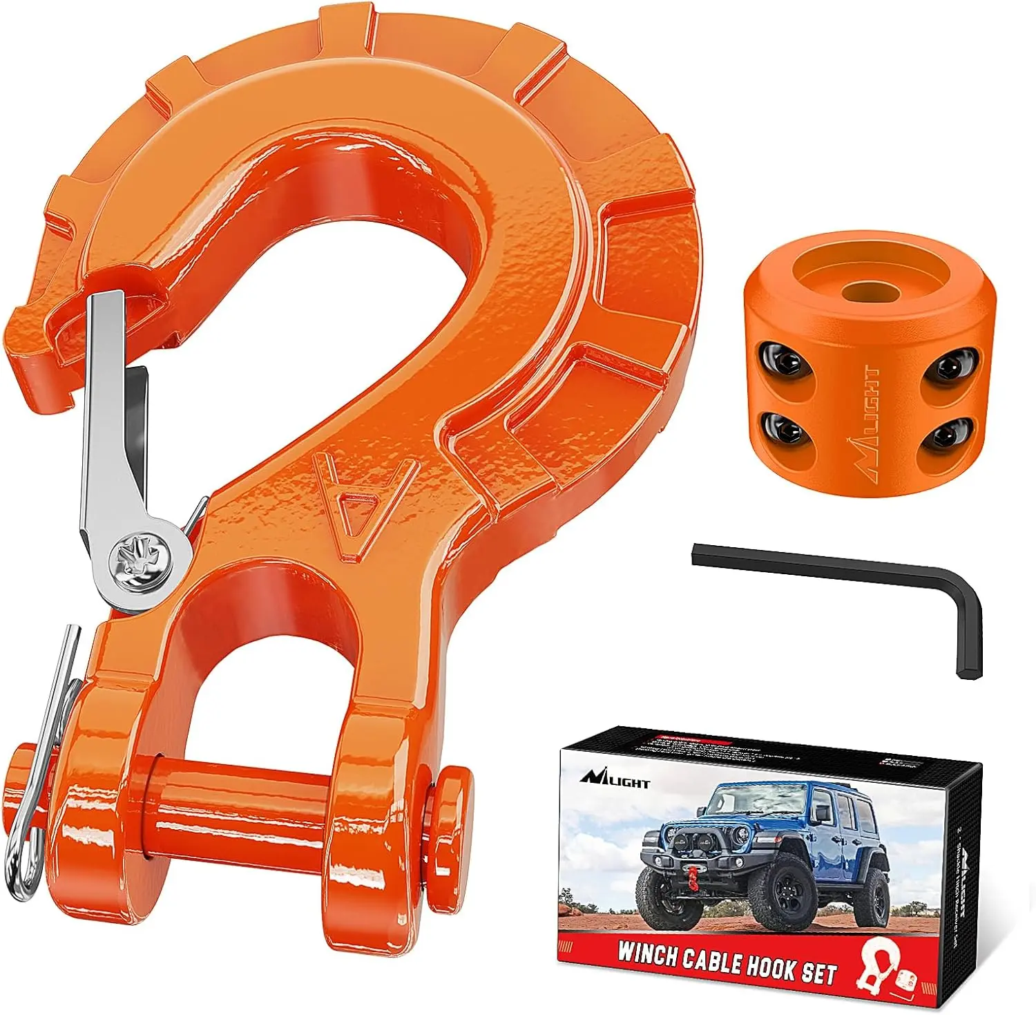 Nilight Forged Steel Winch Strap Hook Set - 3/8" Grade 70 Spring Loaded Safety Latch Clevis Slip Hook, 35000 lbs Max Load, Rubber Cable Stopper, Allen Wrench Included for Vehicles, Trucks, Off-Roading, Car Accessories, Escape Tools