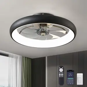 Ceiling Fans with Lights 20'' Flush Mount Fan Remote & APP Control Black Low Profile 6 Wind Speeds Smart Dimmable LED for Bedroom Living Room bluetooth Indoor Lighting Ceiling Fan with Lights