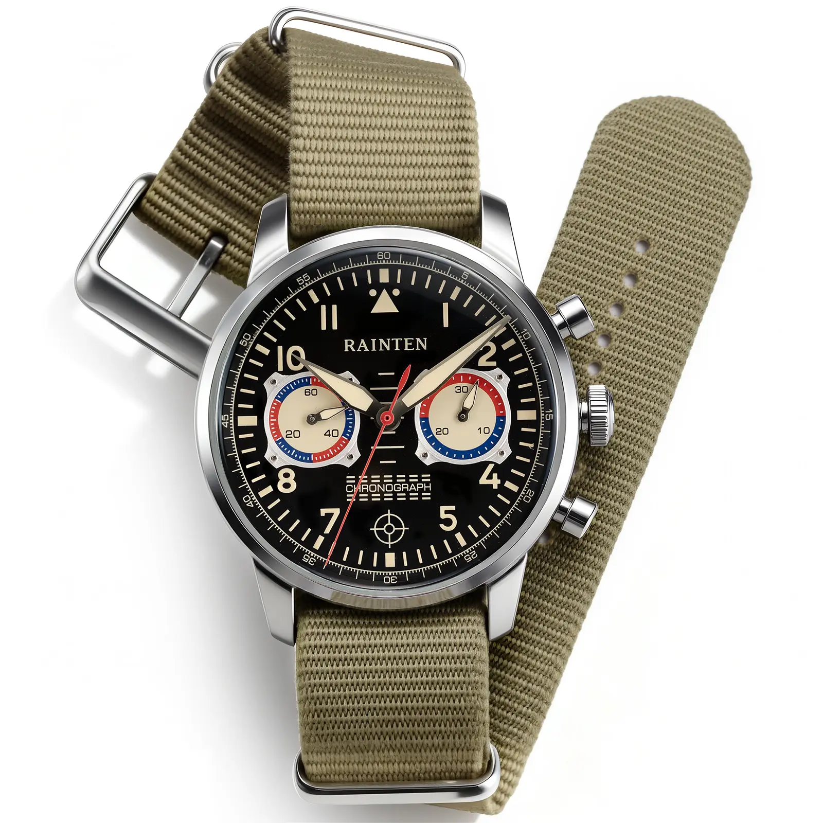 RAINTEN Men's Chronograph Watch, Vintage Pilot Stainless Steel Mechanical Wrist Watch, 40mm Round Face with Sapphire Crystal, Seagull ST19 Movement, 50M Water Resistant, Includes Breathable Nylon and Genuine Leather Double Strap, Fashion Wrist Watches