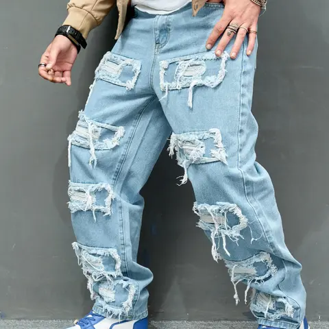 Men's Ripped Jeans, Cuffed Jean, Loose Casual Comfy Fit Pants, Loose Legged Pants, Denim Trousers for Daily Wear, Fashion Men's Bottoms for All Seasons