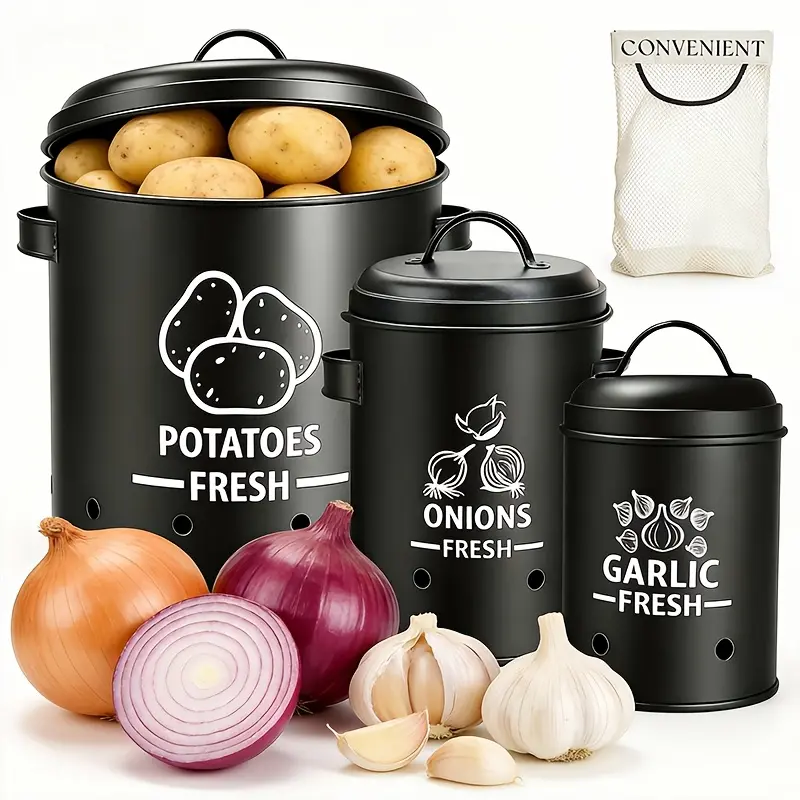 3pcs Set Metal Vegetable Storage Containers | Potato Onion Garlic Pantry Organizer, Kitchen Storage Essentials - Moisture-Proof, Ventilated Design to Prevent Sprouting-Vegetable Storage-Kitchen Goodies