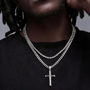 Stainless Steel Cross Necklace for Men - Layered Cross Pendant Necklaces Waterproof Cuban Link Rope Chain Silver Necklace Stack Jewelry 21.65&23.62 Inches