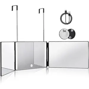 3 Way Mirror for Hair Cutting with LED,360 Trifold with Height Adjustable Telescoping Hooks,and 5X Magnification,for Makeup and Styling (Black)