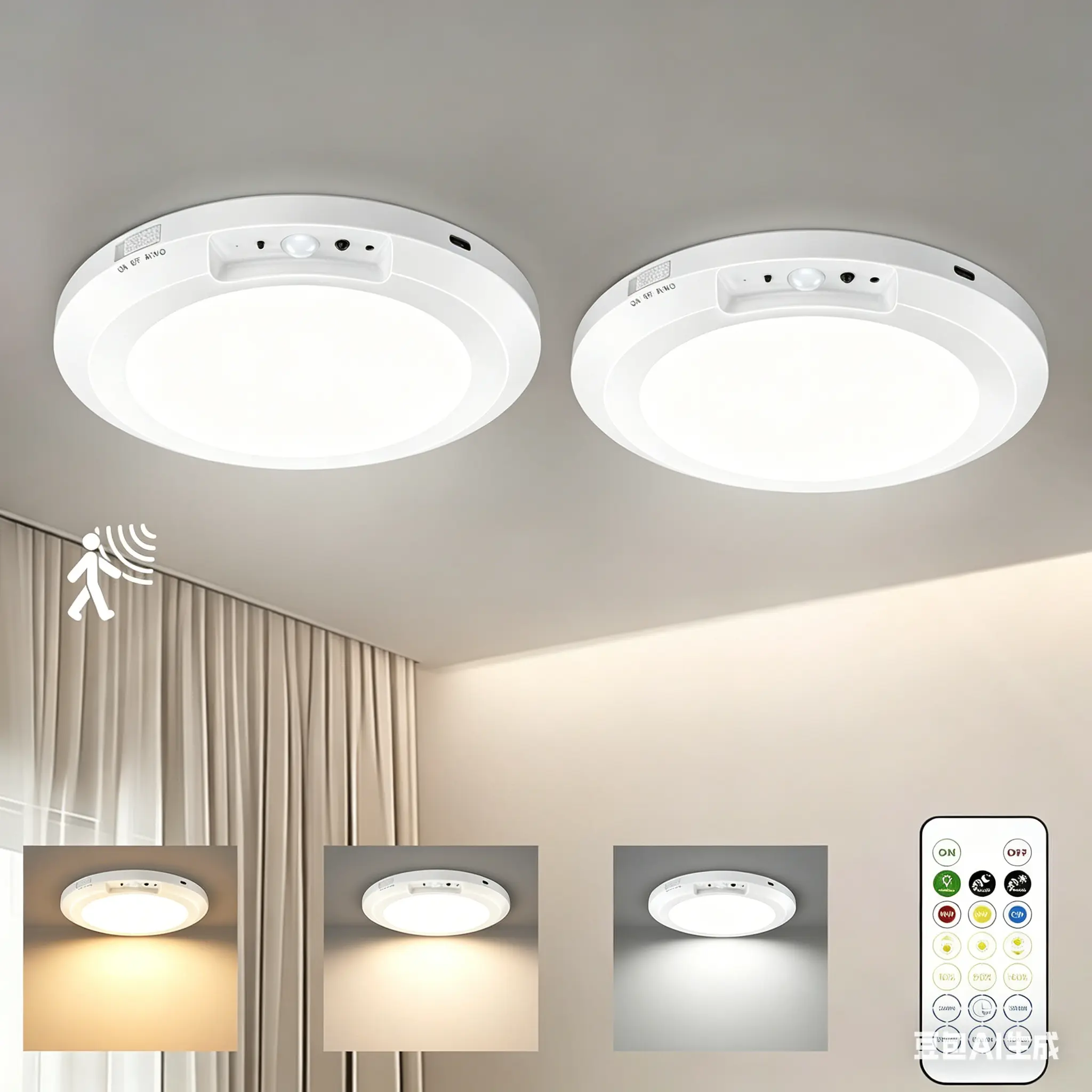 2-Pack Rechargeable Magnetic LED Ceiling Lights - 10000mAh, 3 Color Modes, Motion Sensor, Remote Control, Wireless Battery-Operated Home Lighting for Closet, Porch (7-10H Runtime, Natural Light Support), Led Lights