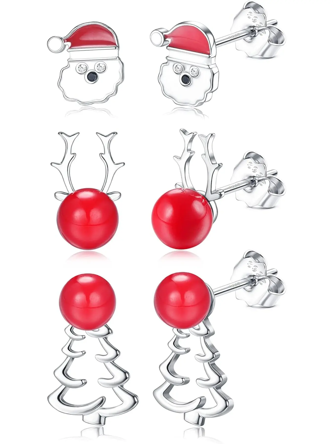 3 Pairs 925 Sterling Silver Christmas Stud Earrings Jewelry for Women Hypoallergenic Snowman Santa Claus Christmas Tree Stud Earring CZ Snowflake Elk Cane Donut Cartilage Earring Jewelry Gift
