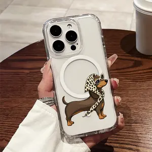 Leopard-Patterned Dachshund Scarf Phone Case, Made of Transparent Acrylic, Featuring a Magnetic Shockproof Hard with a Magnetic Ring, Compatible with Wireless Charging, Suitable for iPhone 17 E Air Pro ProMax iPhone16 15 14 Plus 13 12 11 X XS XR