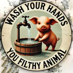 Cute Pig Pattern Wall Art, Vintage Hand Washing Pig Sign, Durable mental Wall Art, Perfect for Kitchens, Bars, Cafes & Garages, Decor, Vintage Garage Signs