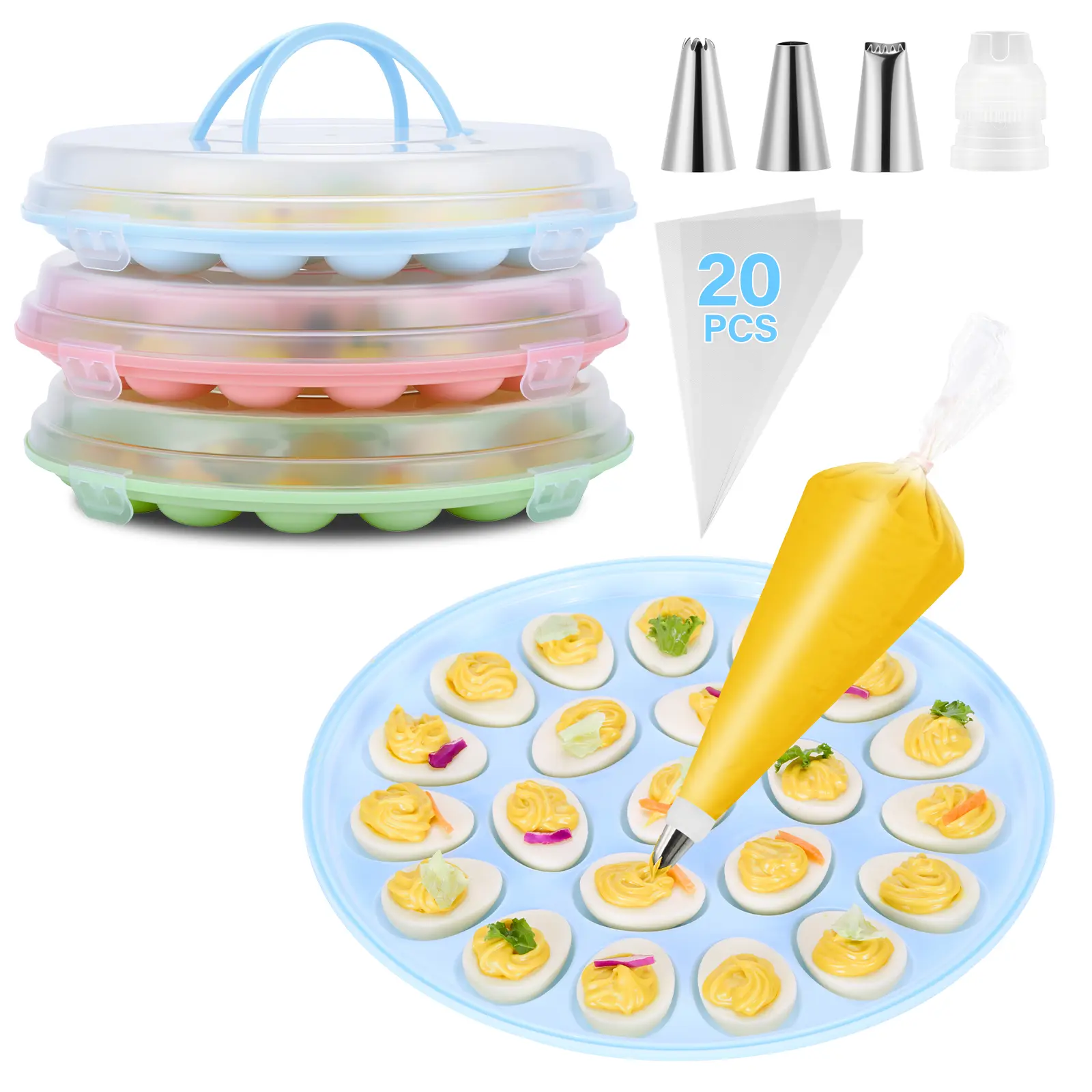 PAHTTO Round BPA-Free PP Plastic Deviled Egg Container Set - 3 Stackable Containers with Snap-Lock Lids, Handle, 22-Egg Large Capacity, Bonus Decorating Set, Dishwasher-Safe for Easter, Parties