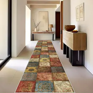 Velvet Boho Vintage Patchwork Rug, Soft Non-Slip Entrance Mat, Easy Clean Living Room Bedroom Carpet, Decorative Kitchen Bathroom Sofa Side Rug