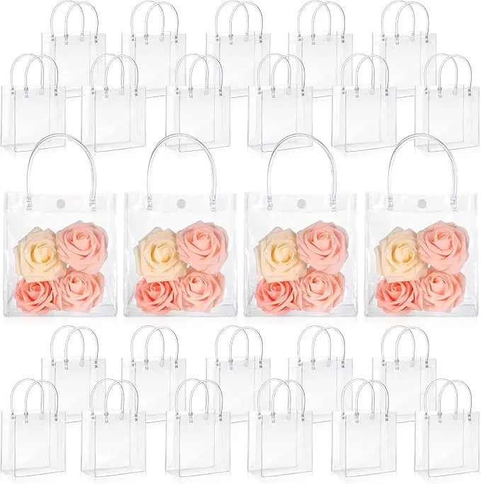 50pcs Clear Plastic Gift Bags with Handles PVC Reusable Transparent Totes Bags for Goodie Candy School Birthday Party (5.9 x 5.1x 2.7 Inch)