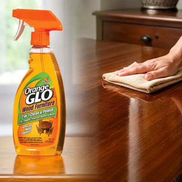 Orange 16 oz Wood Furniture 2-in-1 Clean Polish Spray,wood furniture polish spray,clean and polish,hide minor scratches,restore luster,remove dirt grease wax buildup,wood cleaner,stainless steel safe,ceramic tile safe,shine spray,tables,cabinets,shelf