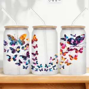 Stained Glass Butterfly 16 oz sublimation glass with lid and straw