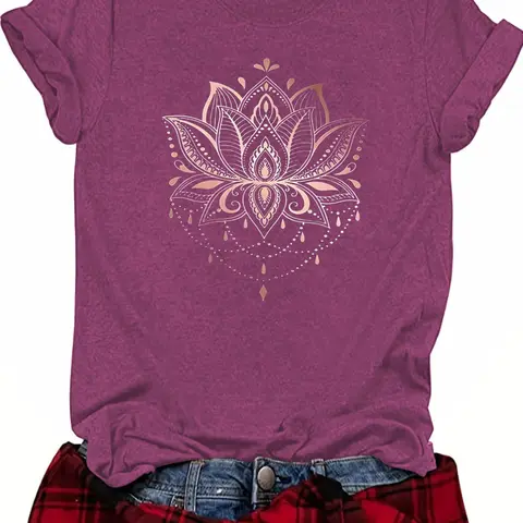 Women's Lotus Flower Print Round Neck Soft Boho Cottagecore Tee, Lady Casual Fitted Breathable Lightweight Short Sleeve Crew Neck T-Shirt for Summer, Fashion Bohemian Casual Trendy Women's Top for Daily Wear Womenswear