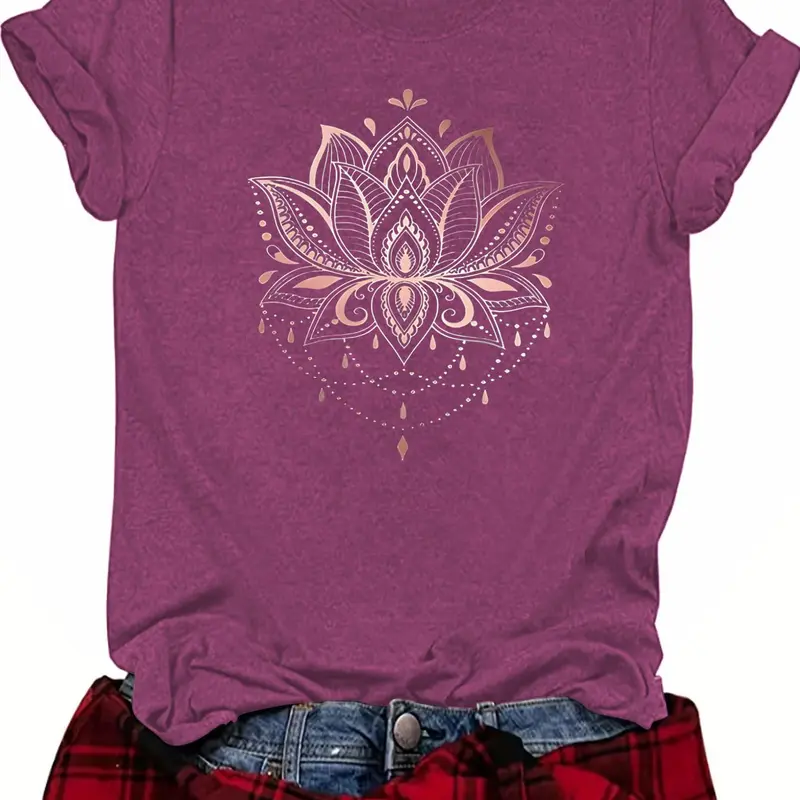 Women's Lotus Flower Print Round Neck Soft Boho Cottagecore Tee, Lady Casual Fitted Breathable Lightweight Short Sleeve Crew Neck T-Shirt for Summer, Fashion Bohemian Casual Trendy Women's Top for Daily Wear Womenswear
