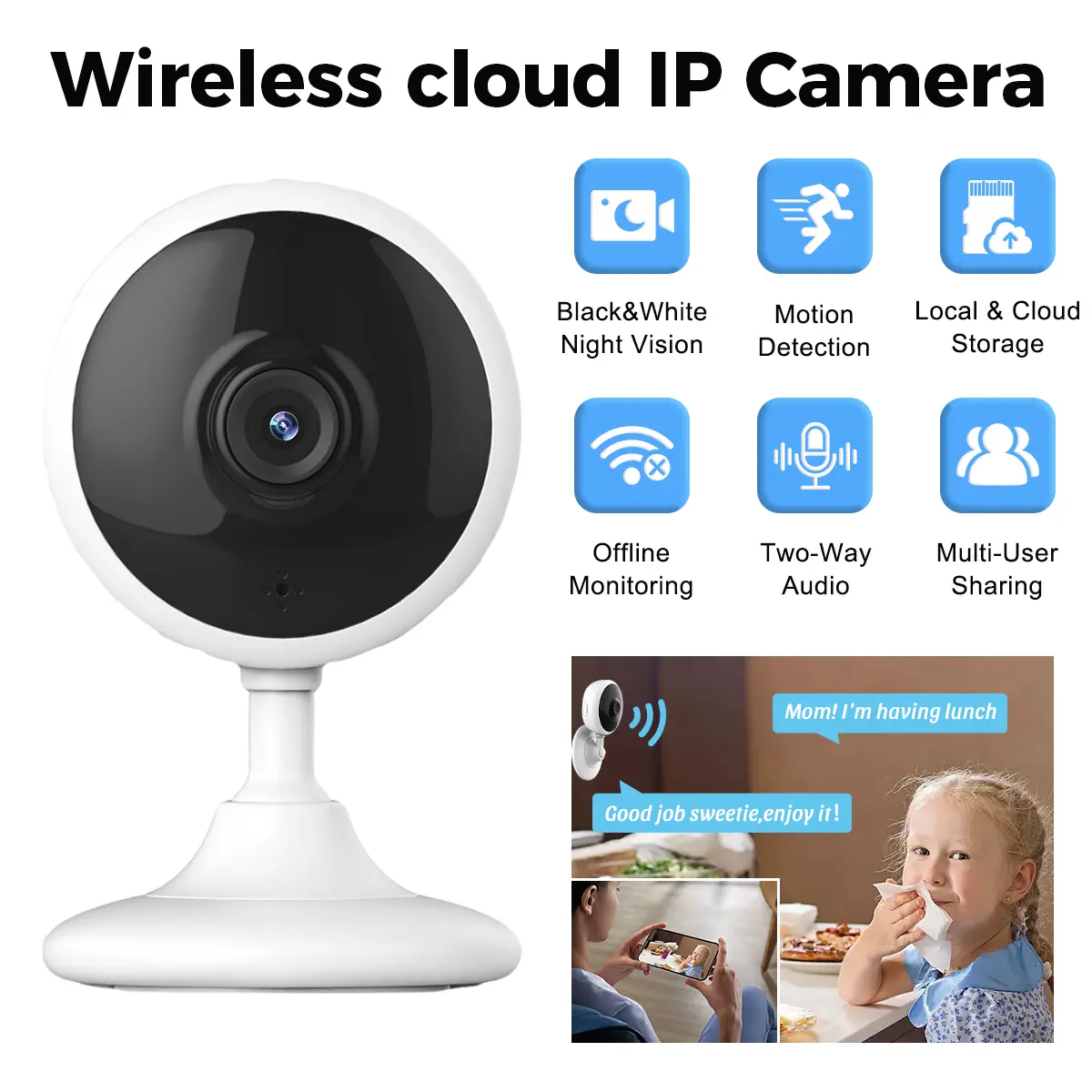 Flycloud 702 Wireless Security Camera - 2.4GHz WiFi Indoor Camera, 3MP 1296P HD, 2-Way Audio, Night Vision, Motion Detection Alert, Cloud & TF Card Storage, AP Hotspot for No-Network Monitoring, Cable