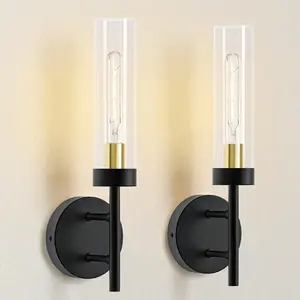 2-Pack Modern Black/Gold Wall Sconces, Hardwired Dimmable Vanity Light Fixture w/ Clear Glass Shade | Indoor E26 Lights for Bathroom, Bedroom & Living Room Accent Decor