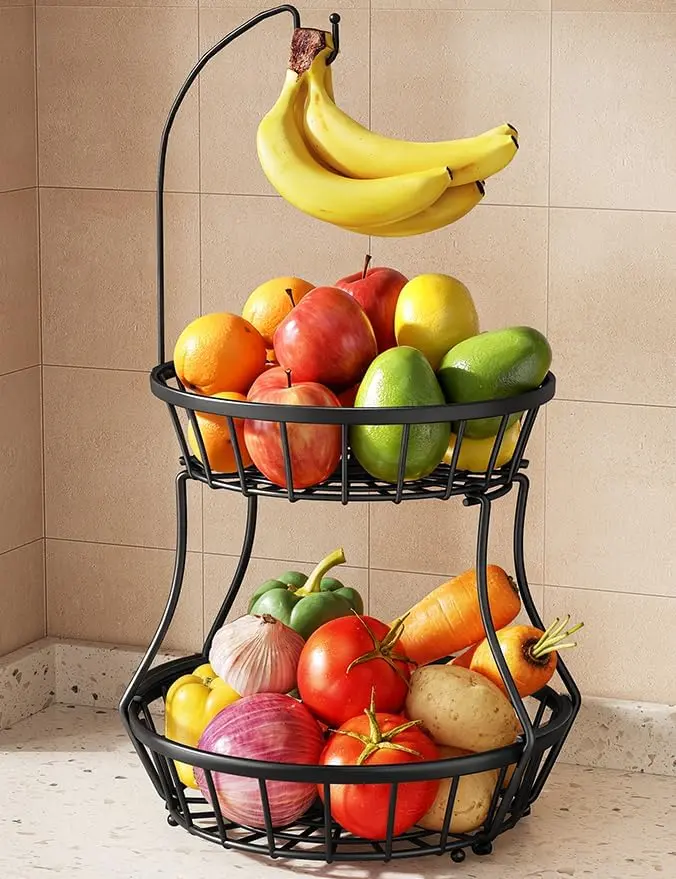 2-Tier Tall Fruit Basket Bowl Stackable Vegetable Storage with Banana Tree Hanger Stand for Kitchen Countertop, Metal Wire Basket for Bread Onions Potatoes Black