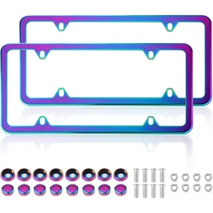 Iridescent License Plate Frame, 2 Pack Stainless Steel Mirror Polish Treatment, Universal US Car License Plate Bracket Holder, 4 Holes Anti-Theft Design, Rustproof Weatherproof (with mounting Fittings)