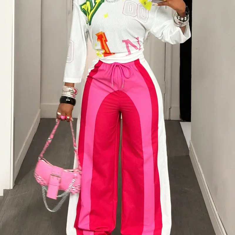 Women's Fashion Summer Thin Colorblock Print Sport Pants Activewear, Loose-Fitting Wide Leg Knit Sports Trousers, All Seasons Casual Wear