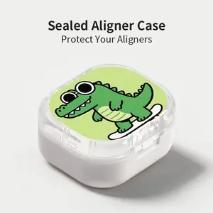 Cute Big-Eyed Skateboard Crocodile Print Aligner Case, Sealed Leak-Proof Orthodontic Retainer Box, Portable Dust-Proof Storage for Students Adults Travel