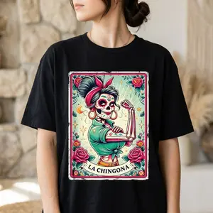 Mexican Folk Art Skull T-Shirt, La Chingona Feminist Graphic Tee, Casual Black Daily Top, Retro Cultural Style Shirt, Fashion Outfit For Traditional Festival Lovers