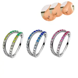 OUfer 20G Gradient Color CZ Double Hoop Nose Ring 316L Stainless Steel Inner Diameter 6mm-9mm