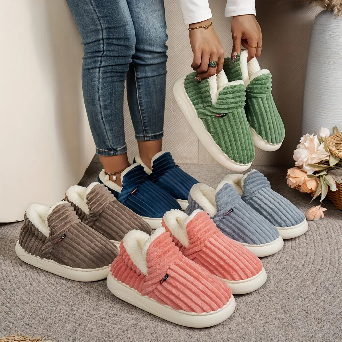 Women'S Fashion Fleece Slippers, Solid Color, All-Season Winter, Comfortable Non-Slip Warm Plush Thick Sole Indoor Outdoor Home Boots, Fabric Upper/Inner/Insole, TPR Sole, Hand Washable