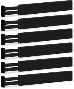 Black Adjustable Bamboo Drawer Dividers Set of 6 | 17" - 21.5" Expandable Wooden Organizer for Kitchen Utensils, Clothing & Office Drawers - Non-Slip, Scratch-Resistant & Tool-Free Organizers