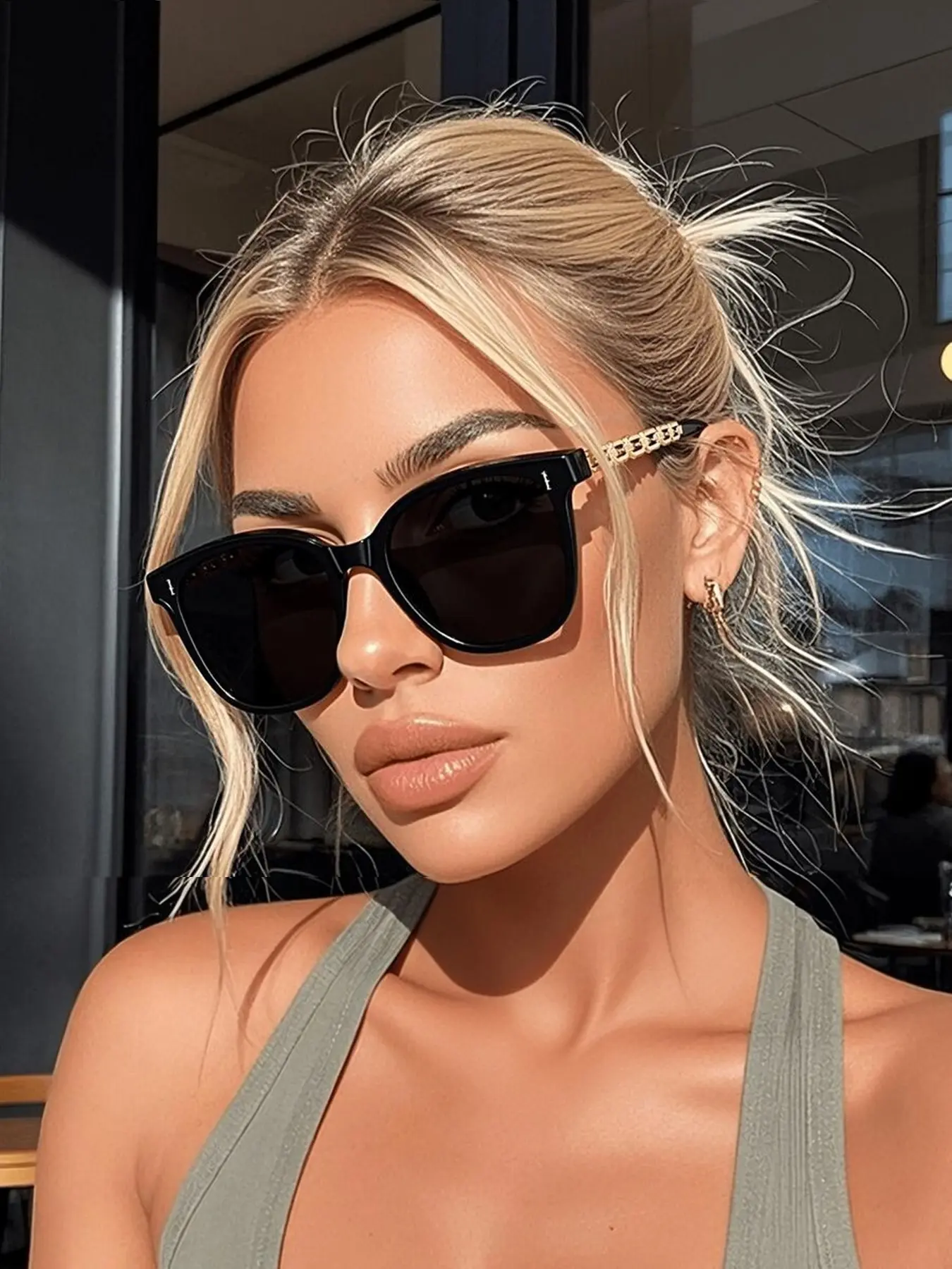 1pc Fashionable Round Large Frame Glasses, Chain Style Temple Design, High-End Streetwear Sunglasses, Trendy Styling Sunglasses, Trendy Sun Glasses, Perfect for Daily Wear and Summer Beach