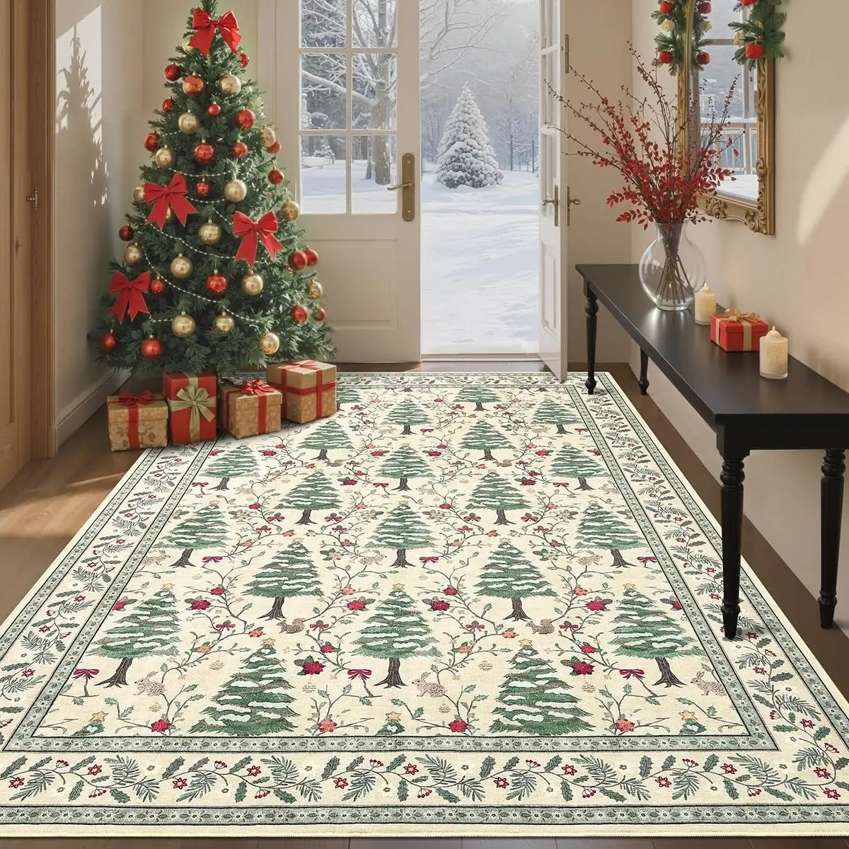 Christmas decorative carpet, Christmas tree print carpet, soft comfortable area carpet, Home Decorative Rug, Soft Rugs, Polyester Rug, Christmas home decoration gift, multifunctional suitable for living room area, bedroom bedside, kitchen