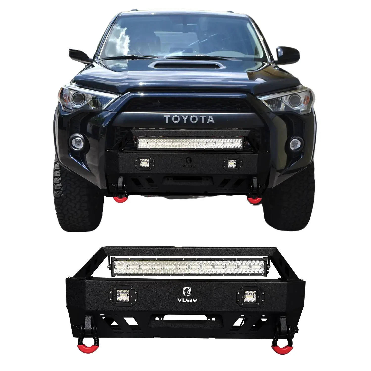 Vijay Black Textured Front Bumper for 2010-2024 Toyota 4Runner - Winch Plate Equipped, LED Lights for Visibility Boost, 2 D-Rings, Necessary Components Included, Simple Screw Installation (Requires Cutting), Enhance Visibility