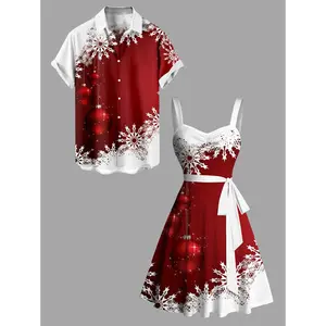 2025 Christmas Couple Set Women's Sweetheart Neck Snowflake Bell Contrast Print Dress and Men's Roll Up Sleeve Shirt Outfit