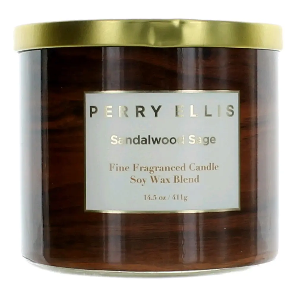 Perry Ellis 3-Wick Decorative Candle - 14.5 oz Soy Wax Blend, Creamy Sandalwood Sage Aroma with Spiced Leather, Toasted Vanilla & Warm Honey Infusions, Home Decor Essential, Vanilla Scents