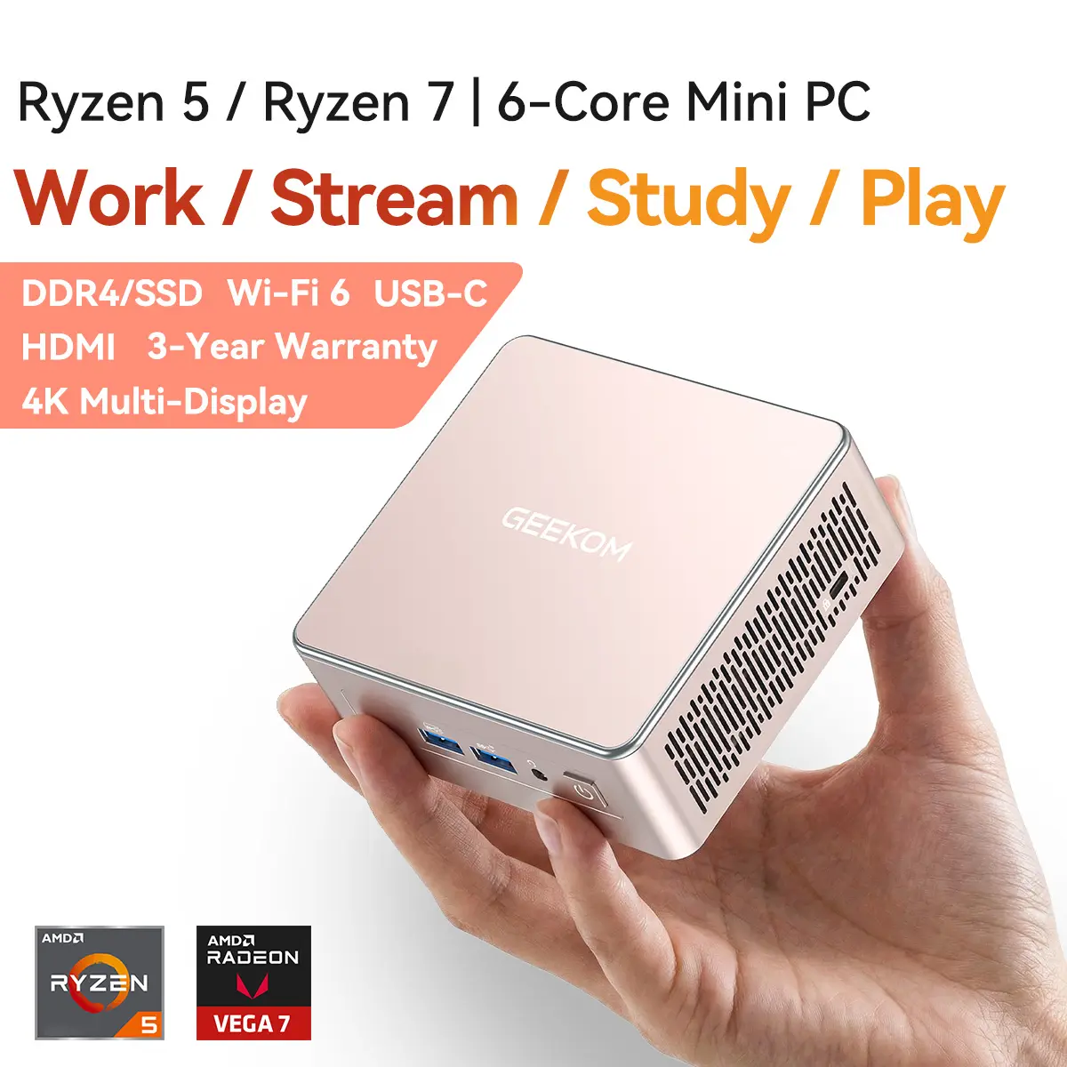 GEEKOM A5 2026 Edition Mini PC AMD Ryzen 5 7430U Cpu 16GB RAM 512GB & 1TB SSD Win11 Pro 3-Year Warranty WiFi 6 Bluetooth HDMI 2 USB-C HDD Slot Manual Upgrade Required 4K Display Home Office Computer Cpu Made For Gaming chrismas gift