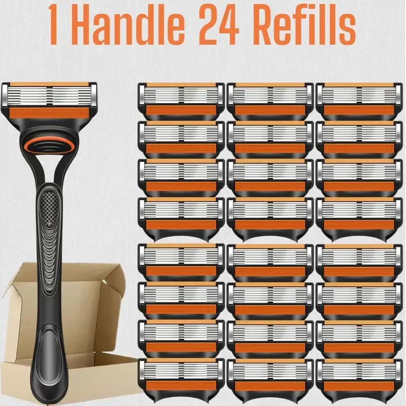 Men's Shaving Razor Kit, 1 Razor Handle with 24 5-Layer Refill Blades, Long-Lasting for Smooth Daily Shave