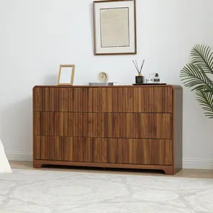 Giratree Fluted 6 Drawers Dresser for Bedroom, 53" Wide Mid Century Modern Chest of Drawers with Curved Profile Design, Large Wood Double Dresser for Living Room Wooden Dressing Table with Drawers
