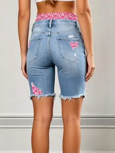 Women'S Floral Patchwork Denim Bermuda Shorts  Mid Rise Distressed   With Frayed Hem Casual Summer Streetwear For Daily
