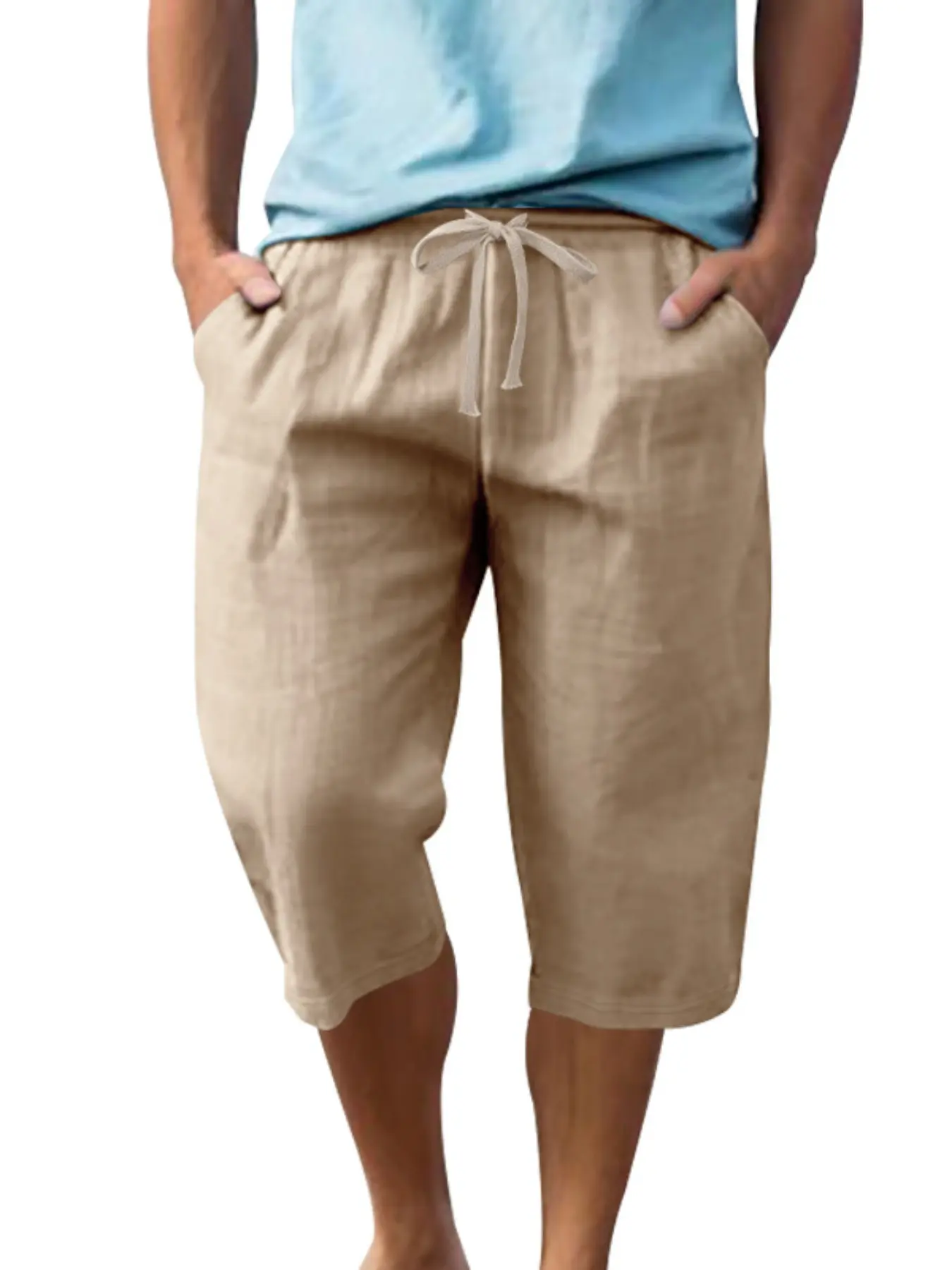 Men's 8 Colors Linen Capri Pants, Elastic Drawstring Waist 3/4 Length Casual Pants, Lightweight Breathable Summer Beach Cropped Trousers with Side Pockets