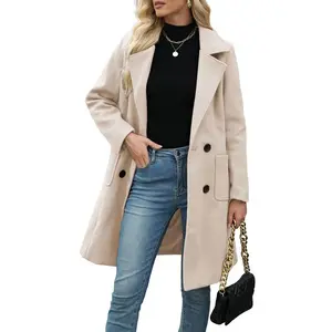 Women’s winter wool blend camel-colored mid-length coat with a turn-down collar, double-breasted jacket, casual button closure, elegant fit, basic style top, women’s clothing, blue collar, simple style