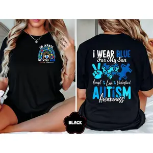 100% Cotton In April We Wear Blue Rainbow Autism Awareness T-Shirt, Women's Men's Streetwear Graphic Unisex Tee, I Wear Blue For My Son Autism Awareness Mom Dad Parents T-Shirt, Women's Men's Spring/Summer Top