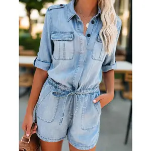Light Wash Drawstring Denim Romper