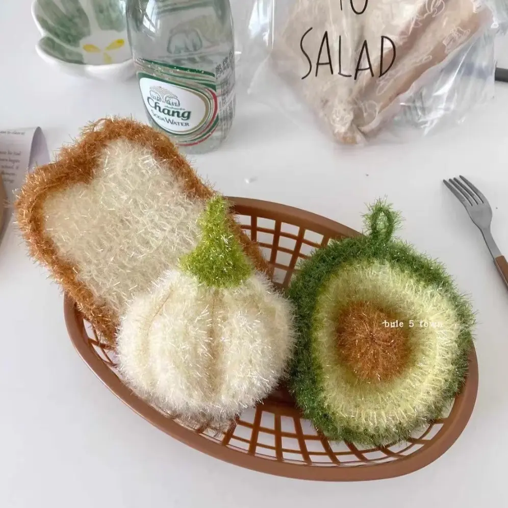 [3-Pieces] Fun Novelty Multifunctional Food-Themed Kitchen Cleaning Cloths - Hand-Woven Imitation Garlic Bread/Avocado Sponges & Scouring Pads for Efficient Cleaning