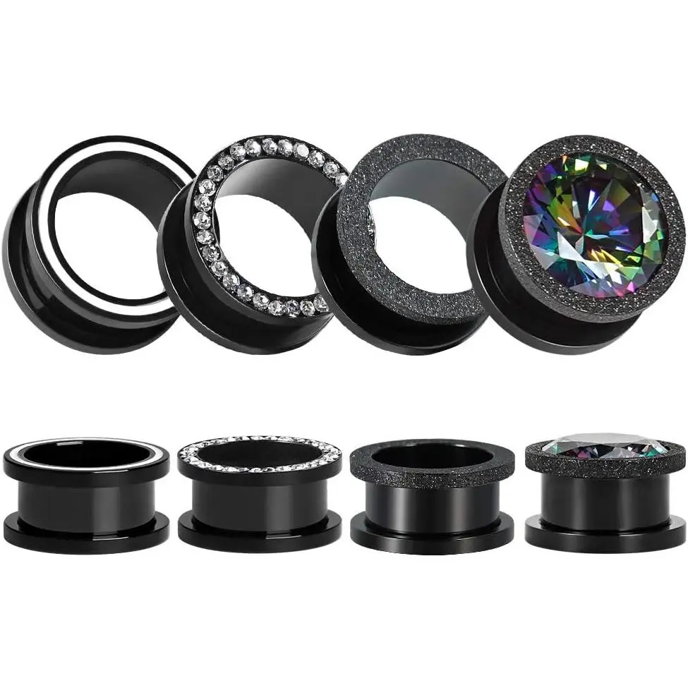 8 PCS Black Fashion Stainless Steel Ear Tunnels, Plugs, Gauges, Expanders & Stretchers for Ear Piercings (Box Pack)