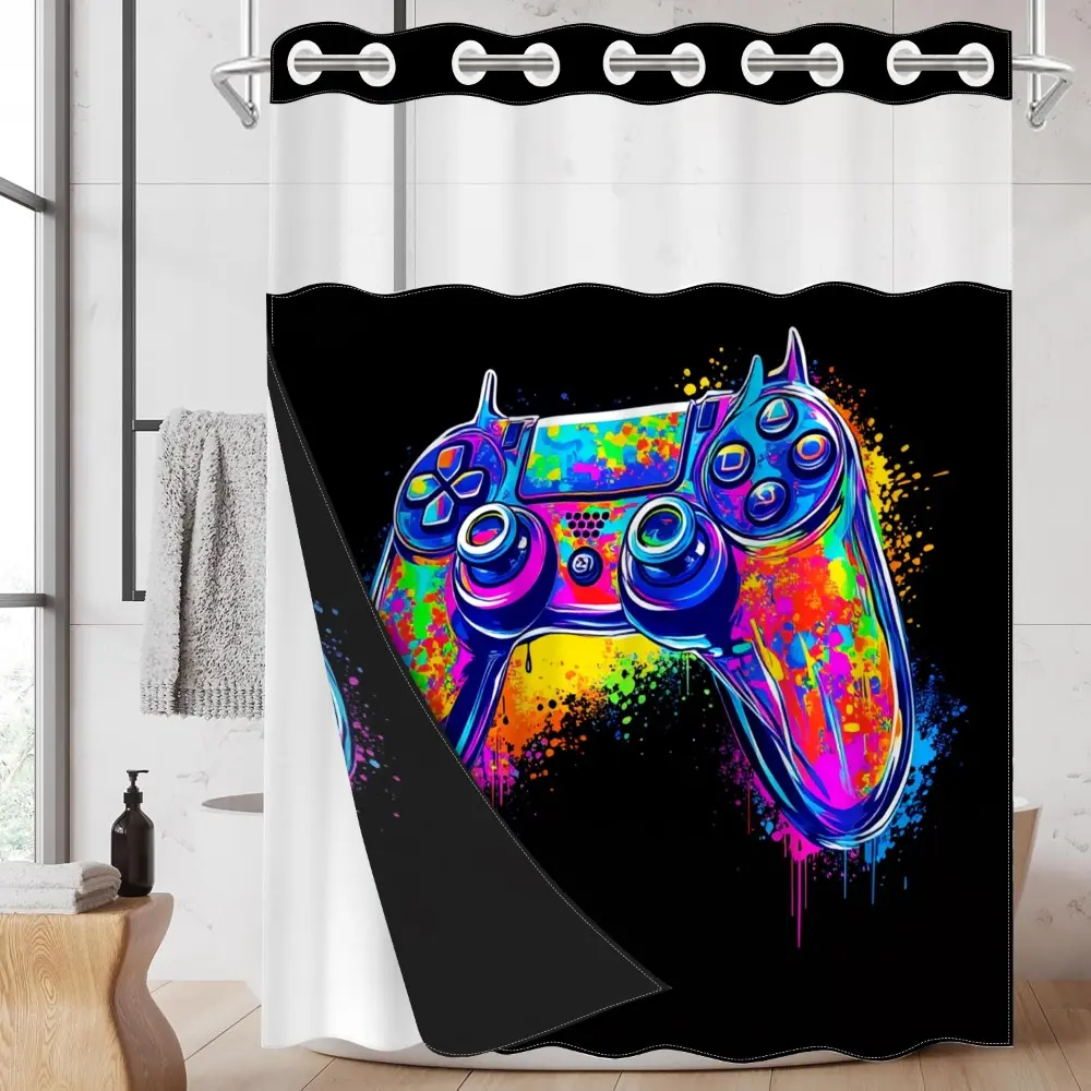 1pc hookless shower curtain, Decorative shower curtain, with buckle lining, colorful splatter game controller design 2D printing, fabric waterproof lining, see-through double-layer shower curtain, 71 x 74 inches, modern home decor
